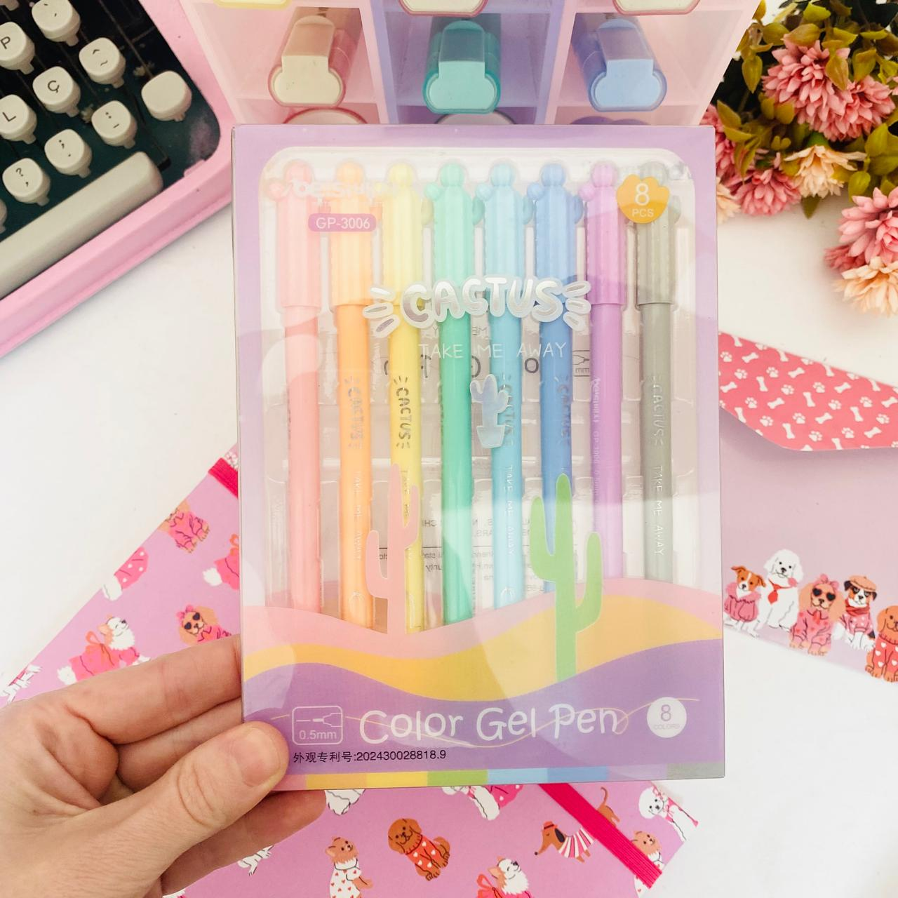 Kit com 8 Canetas Gel Coloridas e Marcador de Texto Cactos Pastel