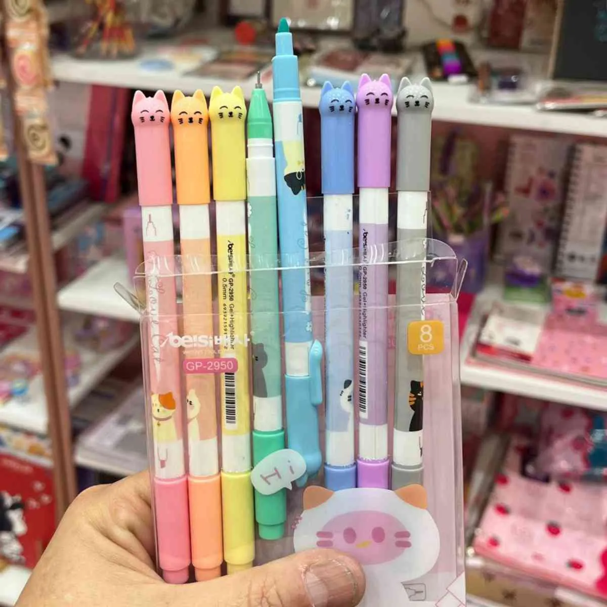 Kit com 8 Canetas Gel Coloridas e Marcador de Texto Gatinho