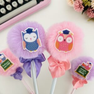 Caneta Personalizada com Pompom e Coruja Rosa