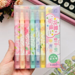 Kit com 6 Marcadores Ponta Dupla com Cheirinho Flores Tons Pasteis