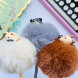 Caneta Luxo Pompom Cachorrinho 3D - Tons de Marrom e Cinza